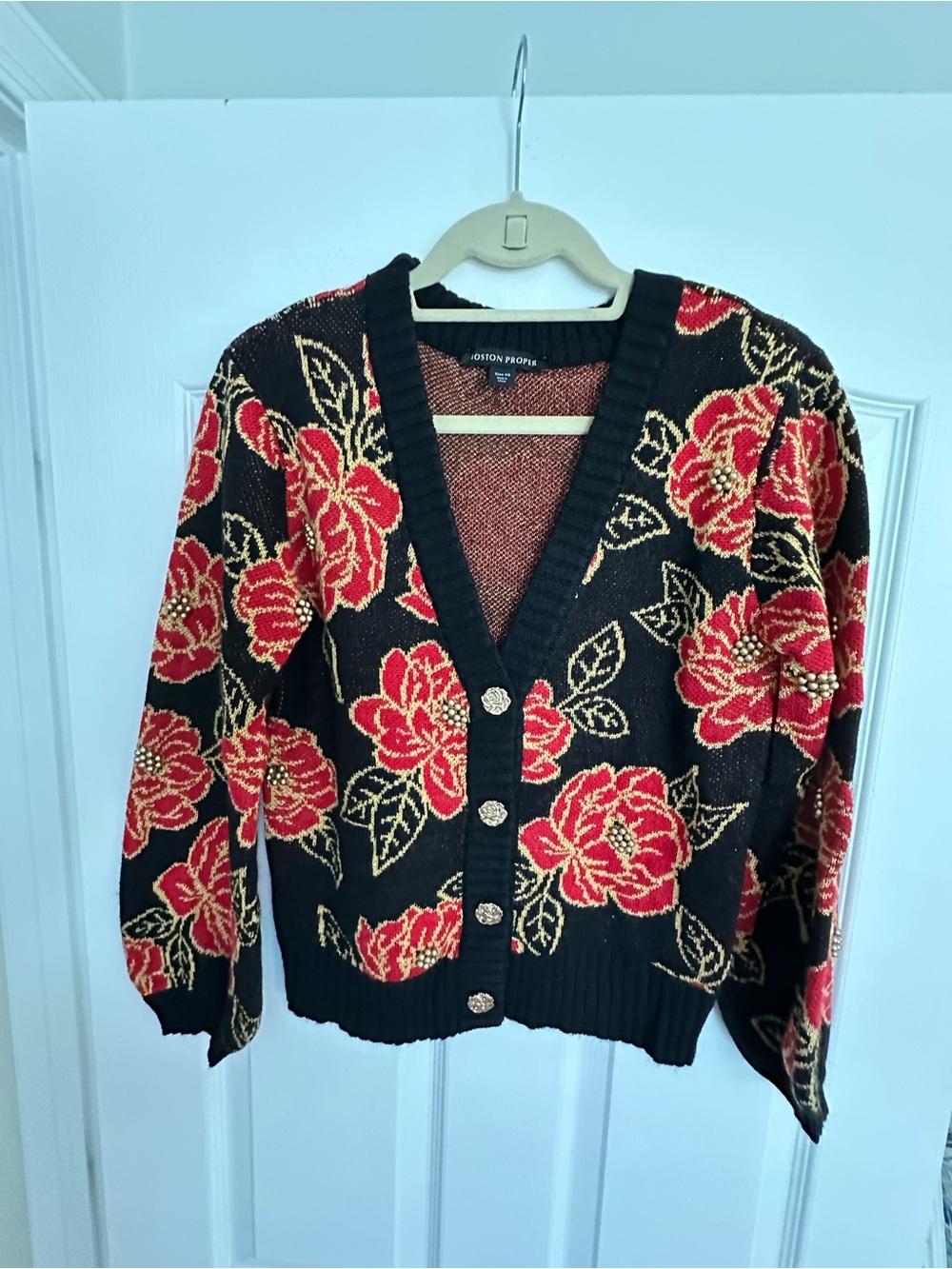 Boston Proper BRAND NEW Black V-Neck Cardigan with Red and Gold Floral Buttons!!